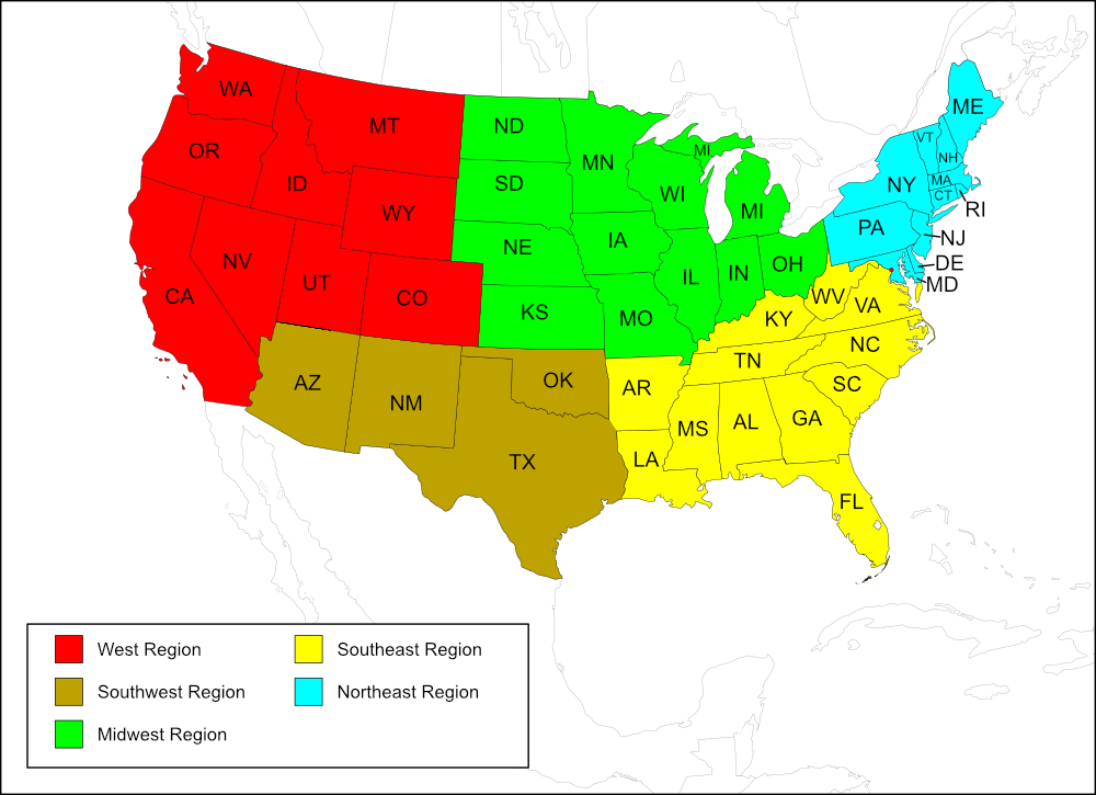 map of USA regions