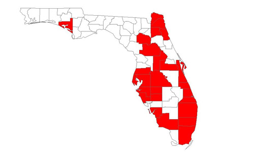 Tawny crazy ant, Nylanderia fulva (Mayr), distribution in Florida as of April 2014. Note: Recently confirmed infestation in Osceola County is not in the image.