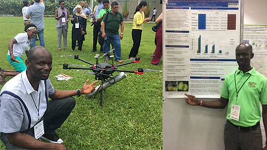 Drone for fly release (left) and Simon Yeboah presenting his research at the 10th ISFFEI (right).