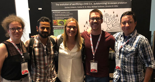Five members of the Miller Lab (from left to right, Dr. Ginny Greenway, Dr. Ummat Somjee, Dr. Christine Miller, Zachary Emberts, and Dr. Pablo Allen) recently traveled to Minneapolis, Minnesota to present their research at the 2018 International Society for Behavioral Ecology conference.