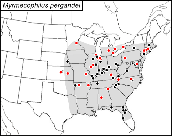 distribution map for Myrmecophilus pergandei